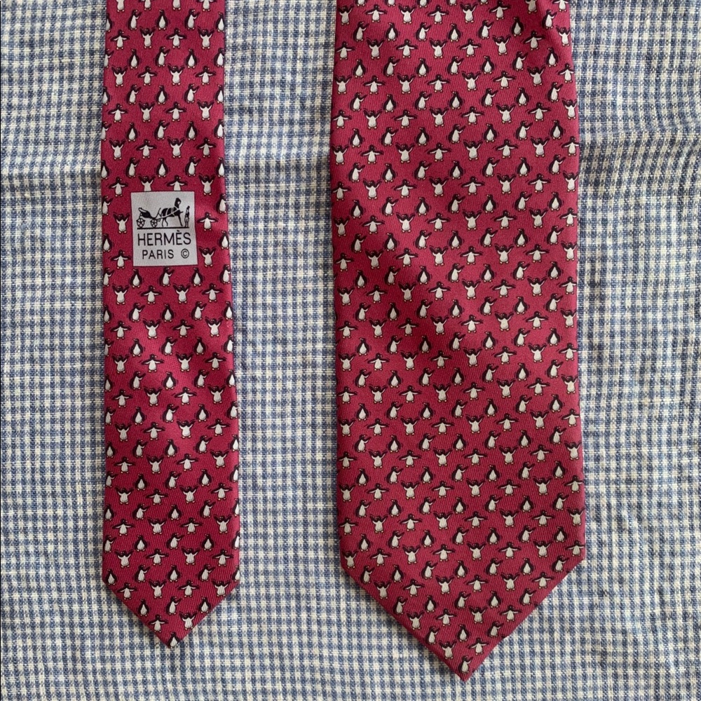 Hermes Silk Tie // Pink White Penguins